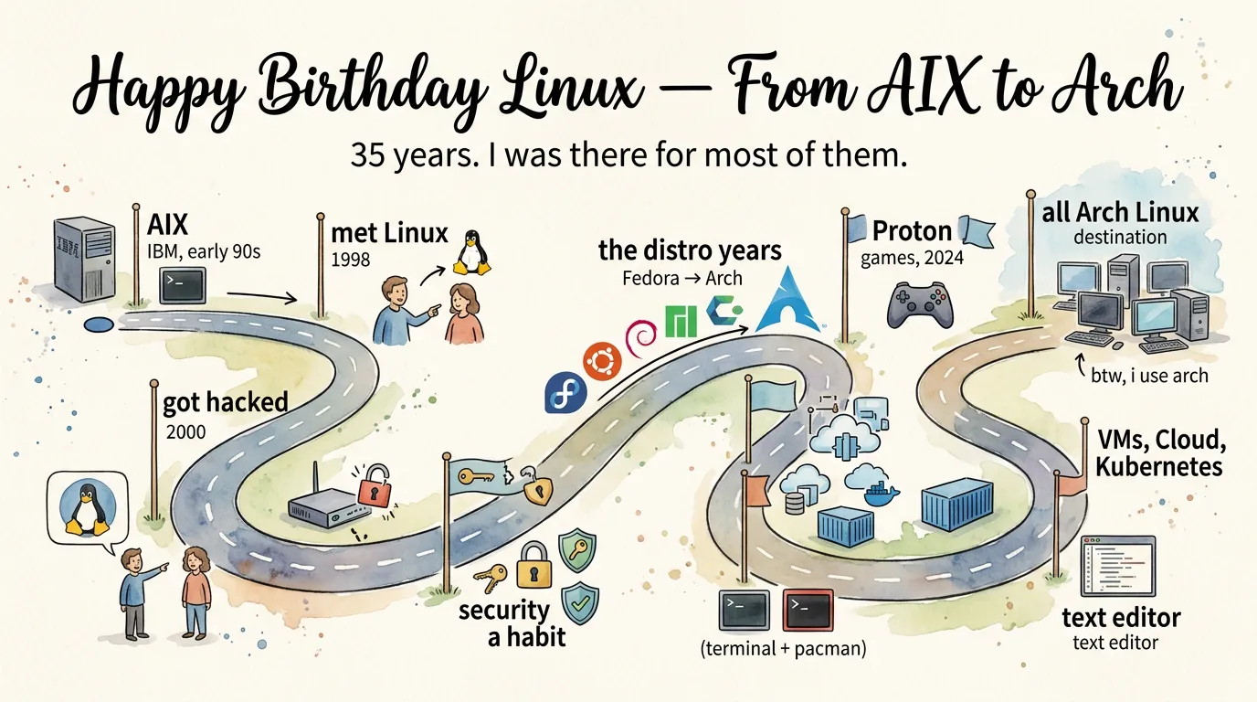 Happy Birthday, Linux — My Journey from AIX to Arch — visual summary