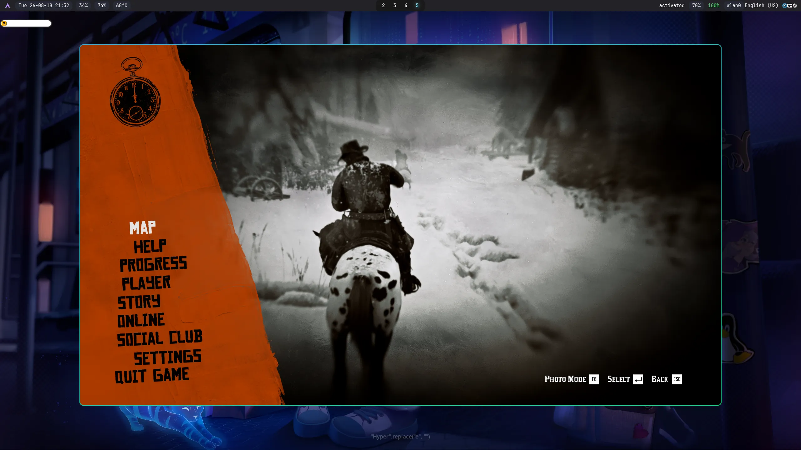 Red Dead Redemption 2 running in a window on Hyprland