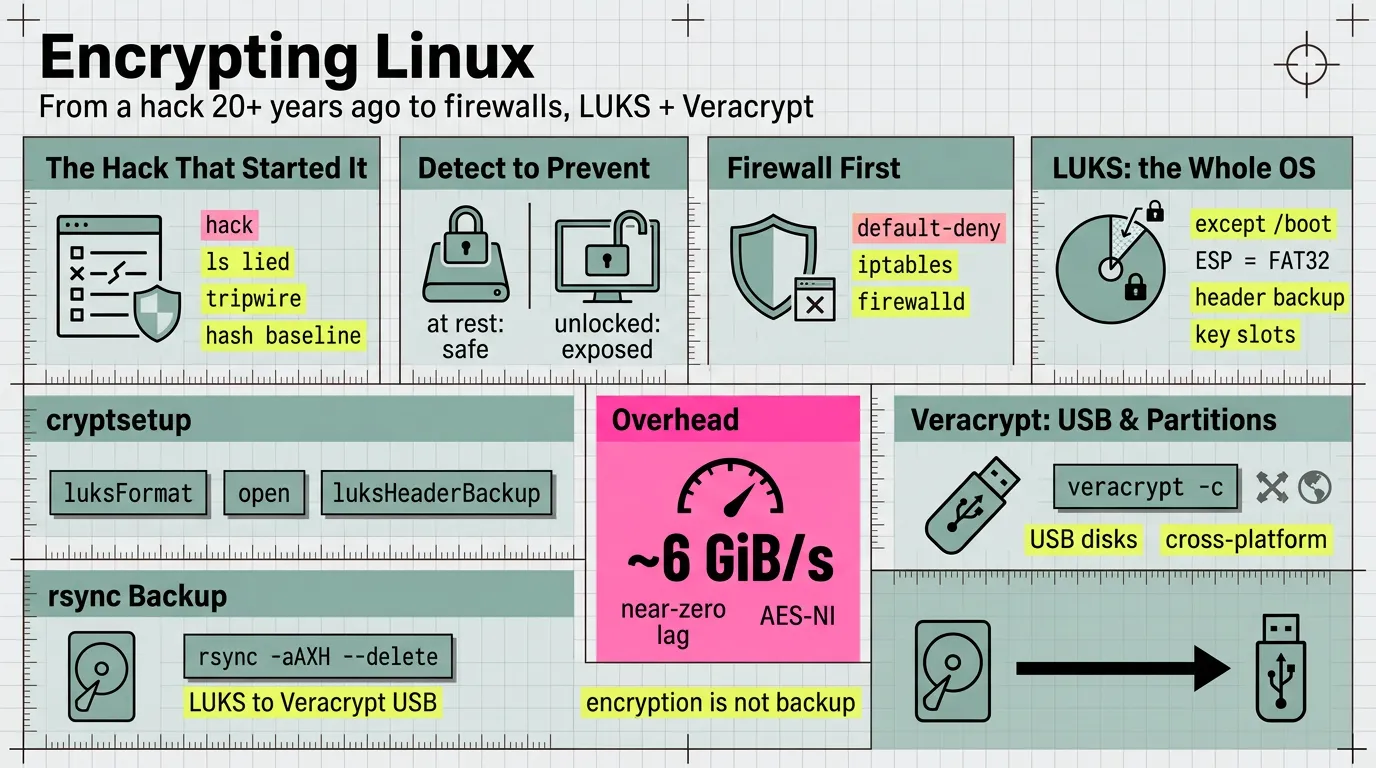 Infographic: Encrypting Linux — the hack, detection to prevention, firewall first, LUKS, cryptsetup, overhead, Veracrypt, and rsync backup