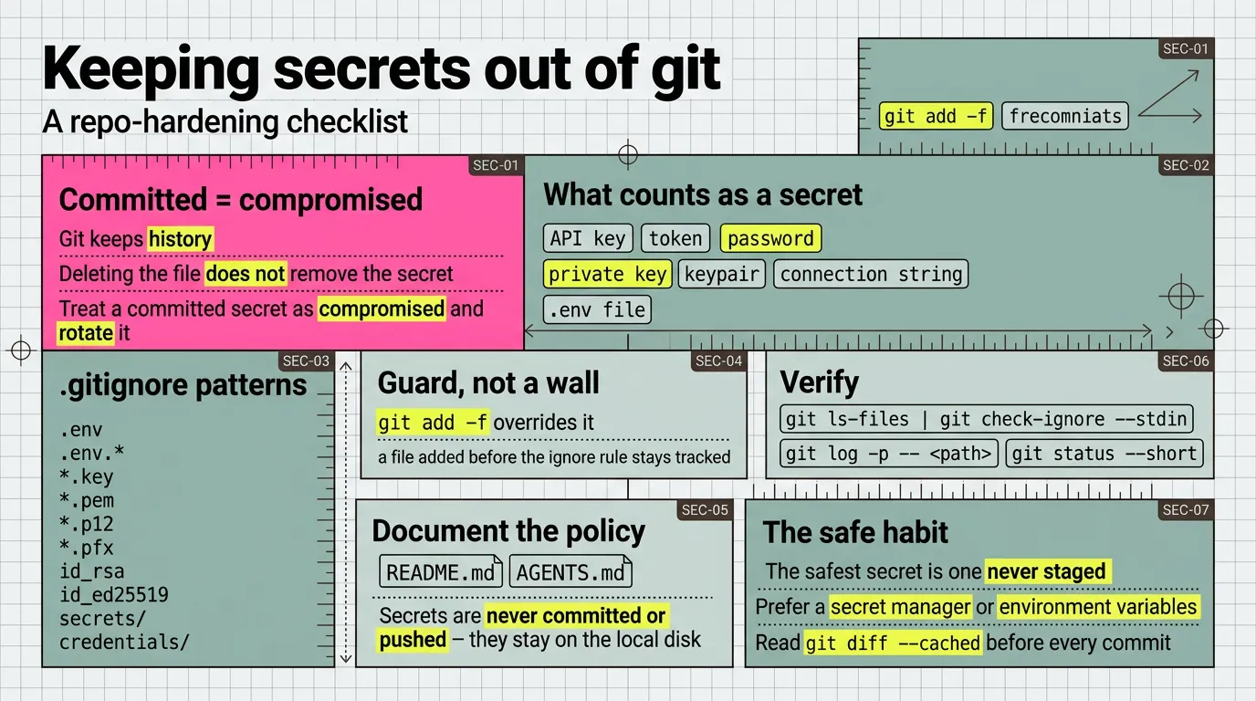 Infographic: keeping secrets out of git — the committed-equals-compromised warning, the kinds of secrets, the .gitignore patterns, guard-not-a-wall, the README/AGENTS policy, three verify commands, and the safe habit